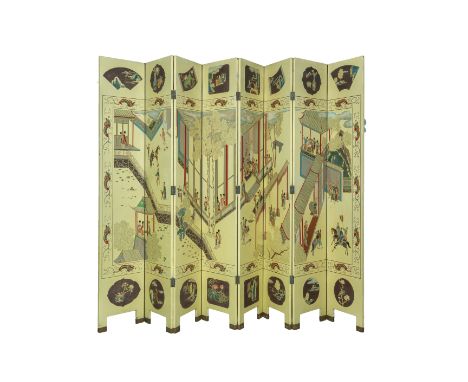 A VERY LARGE EIGHT FOLD SCREEN
Decorated with a continuous landscape featuring figures at various activities amongst pagodas,