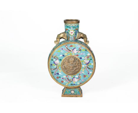 A LARGE CLOISONNE ENAMEL MOON FLASK Late 20th Century, with elephant mask handles and central dragon panel   All items sold a