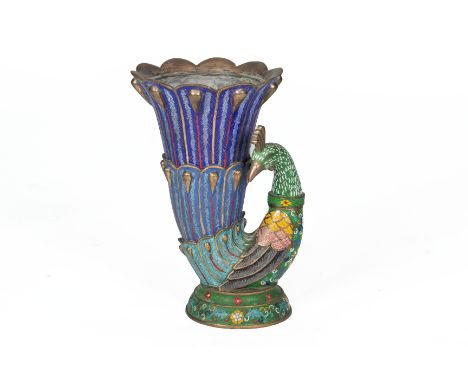 A CLOISONNE ENAMEL PEACOCK FORM VASE
Late 20th Century, of trumpet form on a circular base 

All items sold as seen.
43cm hig