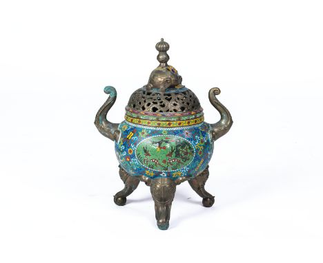 A CLOISONNE ENAMEL TWIN HANDLED TRIPOD CENSER
Late 20th Century, with elephant final to cover and elephant trunk handles and 