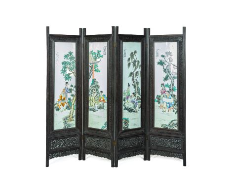 A HARDWOOD AND PORCELAIN INSET FOUR FOLD SCREEN
Painted with figures in garden settings 

All items sold as seen.
Each panel 
