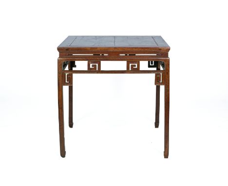 A HARDWOOD SQUARE OCCASIONAL TABLE With inset panel top above an openwork apron  All items sold as seen. 87cm high x 88cm squ