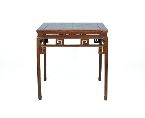 A HARDWOOD SQUARE OCCASIONAL TABLE With inset panel top above an openwork apron  All items sold as seen. 87cm high x 88cm squ