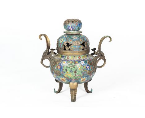 A CLOISONNE ENAMEL TRIPOD CENSER With scroll form handles and supports, decorated with a pierced foliate finial and decorated
