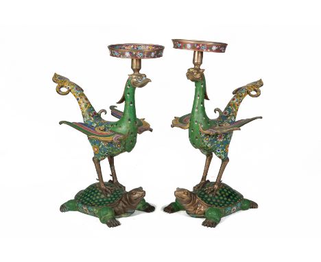 A PAIR OF CLOISONNE ENAMEL GILT PHOENIX AND TORTOISE STANDS Late 20th Century, the winged bird supported a circular dish and 