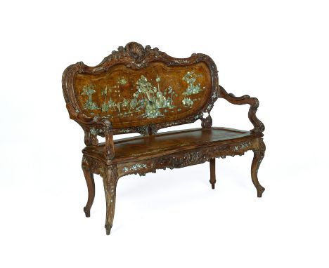 A MOTHER OF PEARL INLAID HARDWOOD AND BURLWOOD SETTEE
Of European influence with shell carved top rail and cabriole supports,