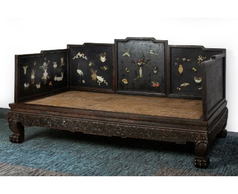 A VERY LARGE HARDSTONE INLAID HARDWOOD DAYBED With caned seat, and decorated with previous objects, vases of flowers and ausp