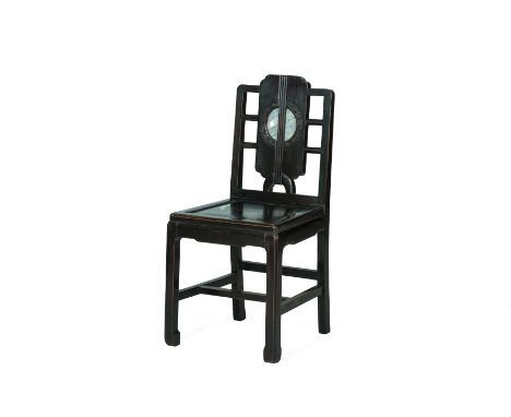 A CHINESE MARBLE INSET HARDWOOD SIDE CHAIR
With a circular marble inset panel with a carved key fret surround 

All items sol