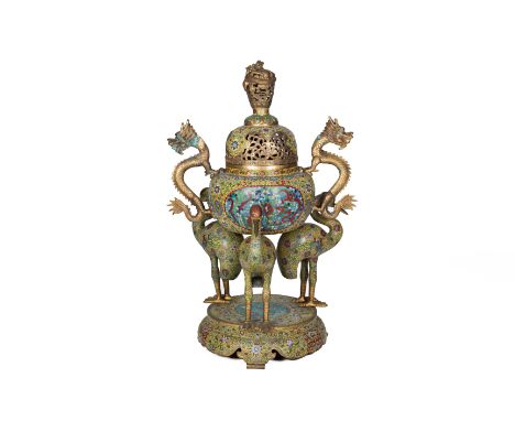 A VERY LARGE CLOISONNE ENAMEL TRIPOD CENSER
Late 20th Century, with twin dragon handles on three crane supports and circular 