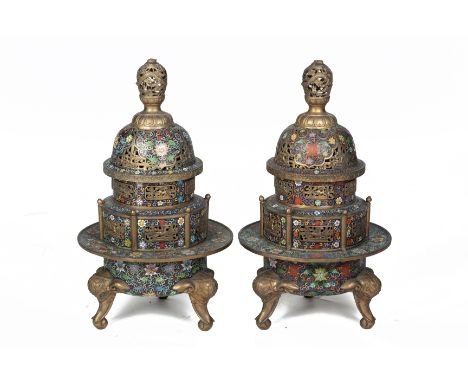 A PAIR OF CLOISONNE ENAMEL TRIPOD CENSERS
Late 20th Century, pf tiered design and on three elephant head supports 

All items
