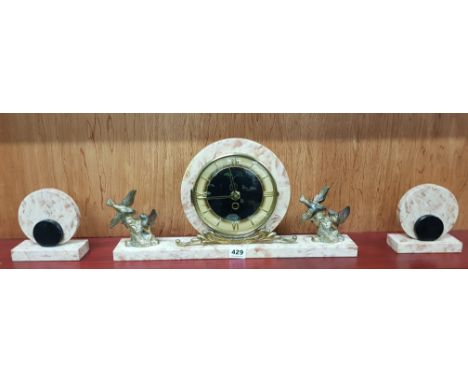 ART DECO MARBLE MANTLE CLOCK WITH GARNITURES