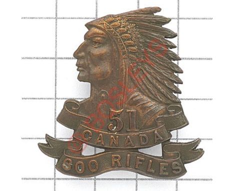 Canadian 51st Regiment (Soo Rifles) post 1913 cap badge. Die-stamped bronzed copper (Cox 835) See “Canadian Militia Badges Pr