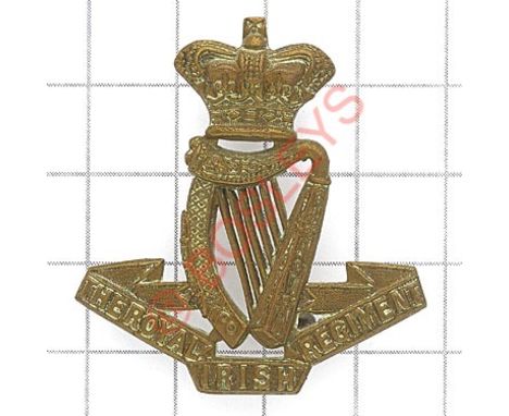 Royal Irish Regiment Victorian OR’s brass cap badge circa 1896-1901. Die-stamped crowned Harp on title scroll. (KK 613) VGC L