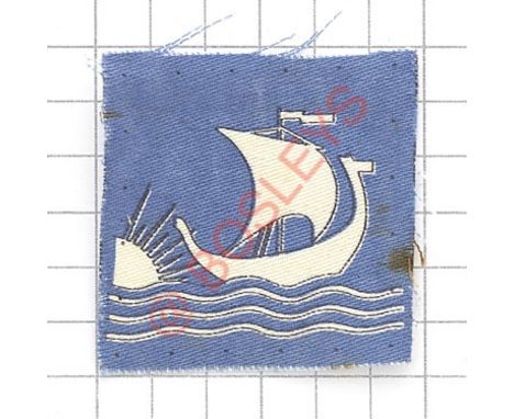 Badge. WW2 British Troops in Norway printed formation sign. White Viking ship and sunrise printed on light blue rectangle. In
