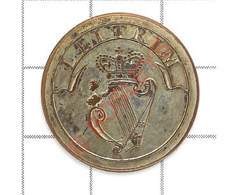 Irish. Leitrim Militia Georgian Officer’s silver plated flat back coatee button. Scarce example. Crowned Maid of Erin Harp su