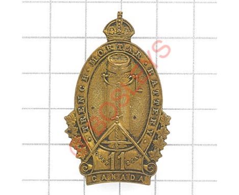 Canadian 11th Trench Mortar Battery rare WW1 CEF cap badge. Die-stamped thin brass example Slight service wear. GC Loops 