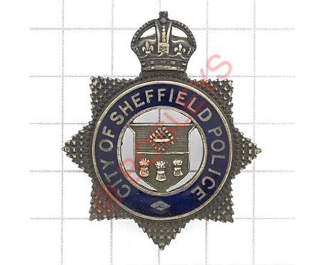 City of Sheffield pre 1953 Senior Police Officer’s silver cap badge Die-cast silver and blue enamel crowned star stamped ‘STE