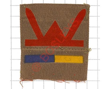 Badge. 53rd Welsh Division Royal Army Service Corps WW2 RASC printed combination. Khaki rectangle printed with red formation 