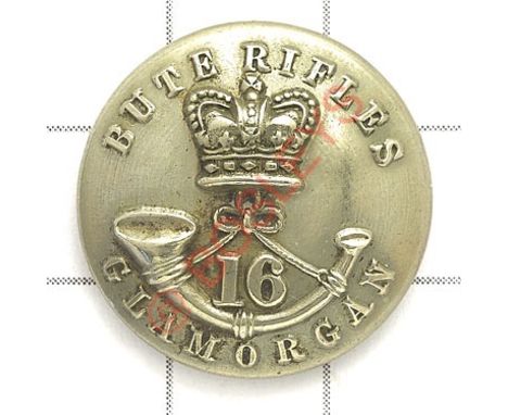 Welsh. 16th (Cardiff-Bute Docks) Glamorganshire Rifle Vols white metal tunic button. Crowned strung bugle, ‘16’ lodged betwee