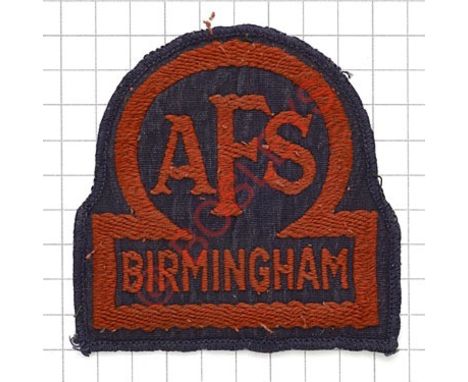 AFS / BIRMINGHAM Auxiliary Fire Service breast badge. Red embroidered on navy denim. AFS first formed in 1938. VGC 