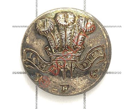 Welsh. Royal Flint Militia Officer’s silvered closed back coatee button Prince of Wales’s plumes over R F C. Approx 19 mm GC 