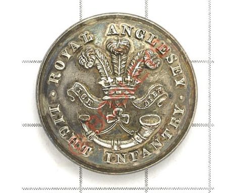 Welsh. Royal Anglesey Light Infantry Militia Officer’s silvered tunic button. Prince of Wales plumes over stung bugle; ‘Royal