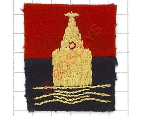 Badge. 96th AGRA (Army Group Royal Artillery) formation sign. White Liver Building Tower on waves symbolising the River Merse