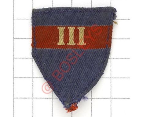 Badge. 3rd AGRA (Army Group Royal Artillery) 2nd pattern formation sign. Blue shield printed with red horizontal bar bearing 