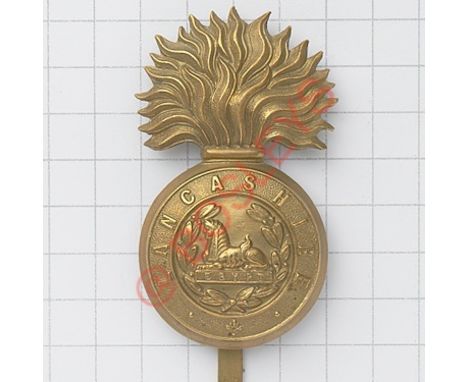 Lancashire Fusiliers post 1881 brass pagri badge. Die-stamped grenade VGC Long slider 