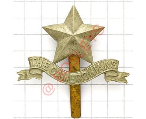 Scottish Rifles, Cameronians post 1881 pagri badge. Die-stamped white metal mullet on scroll VGC Long slider 
