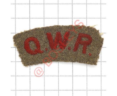 Badge. Q.W.R. WW1 Queen’s Westminster Riles cloth shoulder title Red embroidered on khaki Removed from uniform. GC 