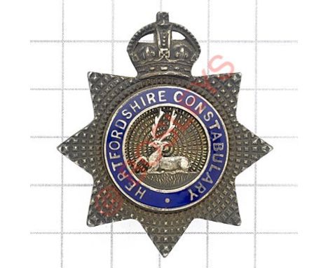 Hertfordshire Constabulary pre 1953 Senior Police Officer’s silver cap badge Die-cast silver and blue enamel crowned star sta