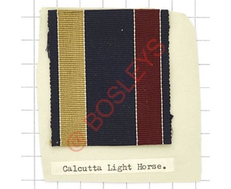 Badge. Indian Army. Calcutta Light Horse pagri flash Blue silk ribbon bearing white edged beige bar on viewer’s left and whit