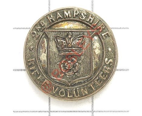 2nd Hampshire Rifle Vols Victorian Officer’s silvered tunic button. Shield bearing crown over rose. All within title circlet.