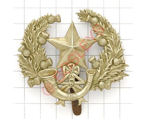 Scottish Rifles, Cameronians post 1881 pagri badge. Die-stamped white metal as glengarry badge VGC Long slider 