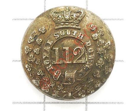 Irish. Royal South Down Militia Victorian Officer’s silvered closed back coatee button Resting in shamrock wreath, a crowned 