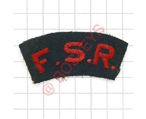 Badge. F.S.R. scarce First Surrey Rifles WW1 cloth shoulder title. Red embroidered on dark green VGC 
