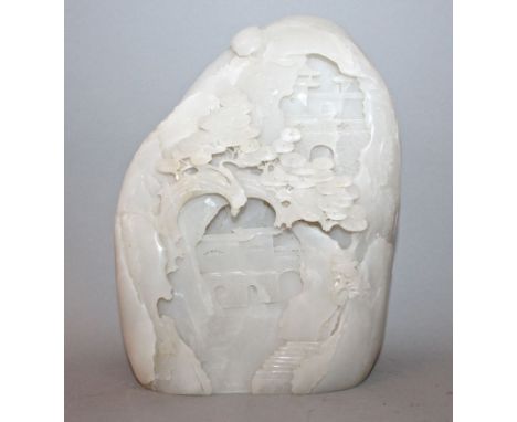 A GOOD CHINESE WHITE JADE-LIKE BOULDER, decorated with sages and a boy attendant within a setting of rockwork, pagodas and pi