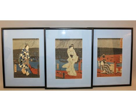 A JAPANESE WOODBLOCK TRIPTYCH BY HIROSHIGE, circa 1850, the prints separately framed, Ladies Enjoying the Evening Fireworks a