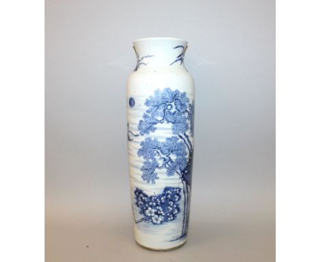 A LARGE CHINESE BLUE & WHITE PORCELAIN SLEEVE VASE, the sides decorated with a continuous landscape scene, the base unglazed,