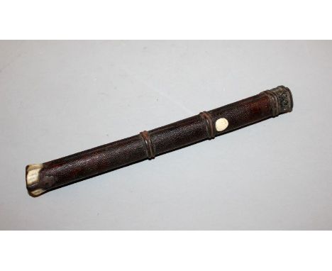 A GOOD QUALITY 19TH CENTURY CHINESE SHAGREEN & IVORY CHOPSTICK SET SHEATH, with bronzed metal fittings, 9.25in long.