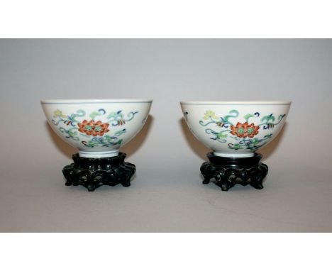 A FINE PAIR OF CHINESE DAOGUANG MARK & PERIOD DOUCAI PORCELAIN BOWLS, together with two fitted wood stands, each finely paint