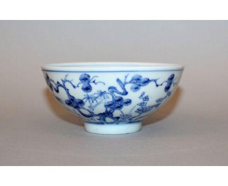 A GOOD CHINESE YONGZHENG MARK & PERIOD BLUE & WHITE PORCELAIN BOWL, the sides painted with an arrangement of the ‘Three Frien