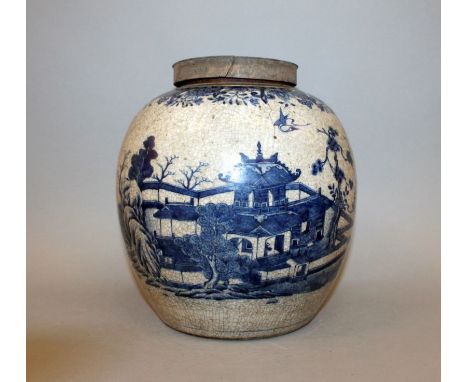 AN UNUSUAL 18TH/19TH CENTURY CHINESE BLUE & WHITE CRACKLEGLAZE PORCELAIN JAR, together with a replacement wood cover, the sid