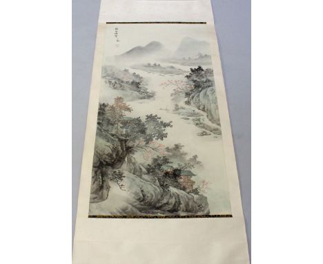 ANOTHER 20TH CENTURY CHINESE HANGING SCROLL PAINTING ON SILK, also depicting a mountainous river landscape scene, on a patter