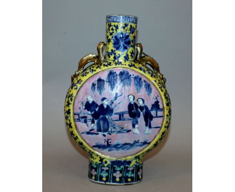 A 19TH CENTURY CHINESE BLUE & WHITE & ENAMELLED PORCELAIN MOON FLASK, unusually decorated with pink-ground figural panels, th