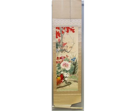 ANOTHER 20TH CENTURY CHINESE HANGING SCROLL PAINTING, depicting a bird perched on a branch above a flower bordered stream, on