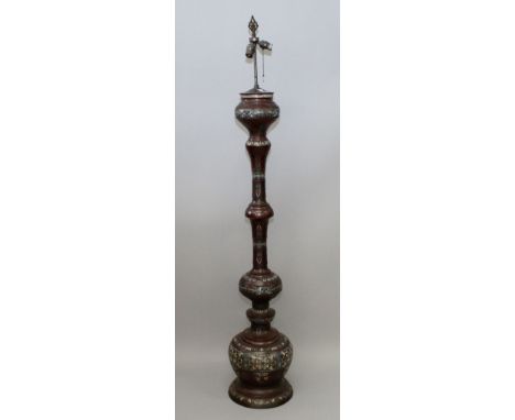A LARGE JAPANESE SECTIONAL CHAMPLEVE FLOOR LAMP, circa 1900, with bands of taotie masks and archaic decoration, 74in high ove