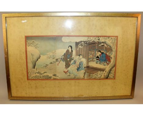 A 19TH CENTURY JAPANESE FRAMED WOODBLOCK TRYPTYCH BY CHIKANOBU, depicting a travelling samurai being served tea by two ladies