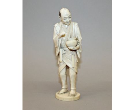  A GOOD QUALITY SIGNED JAPANESE IVORY MEIJI PERIOD FIGURE OF A NIGHT WATCHMAN, bearing a lantern, his feet with sandals, his 